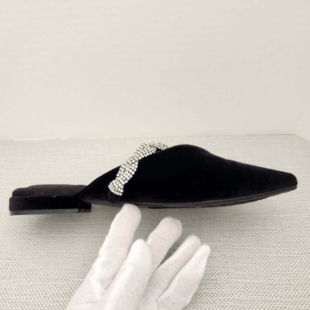 Birdies The Swan Size 8 Black Velvet Faux Crystal Mules Flat Shoes - Picture 4 of 14
